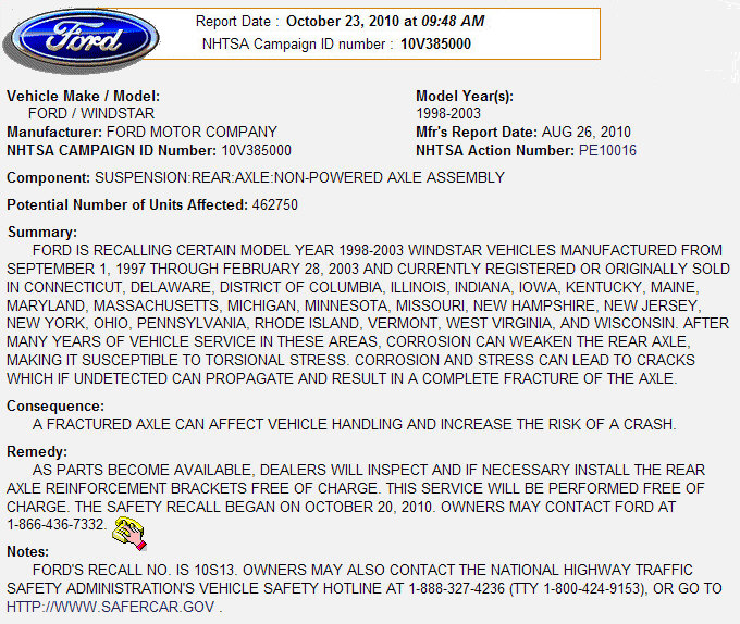 NHTSA Ford Windstar rear axle recall notice